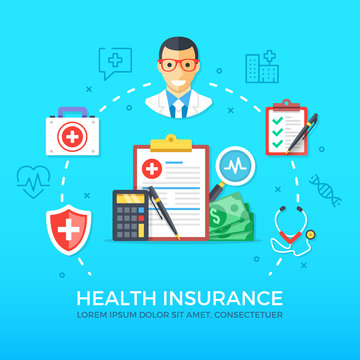 Health insurance. Healthcare, medicine. Flat design graphic elements, line icons set. Premium quality. Modern concepts for web banners, websites, infographics, printed materials. Vector illustration