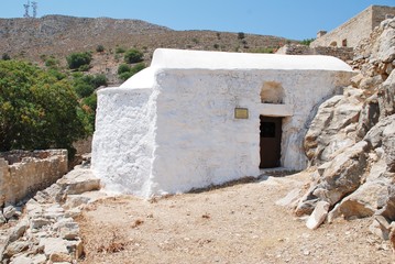 The church of Christ The Saviour in the abandoned village of Mikro Chorio on the Greek island of Tilos. The Byzantine period church dates from 1430. © newsfocus1