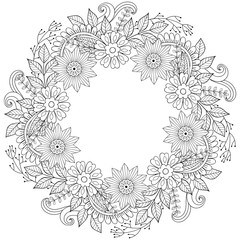 Floral doodles wreath in zentangle ornamental style. Vector circ