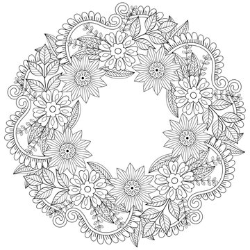 Floral doodles wreath in zentangle style. Vector circle frame ma