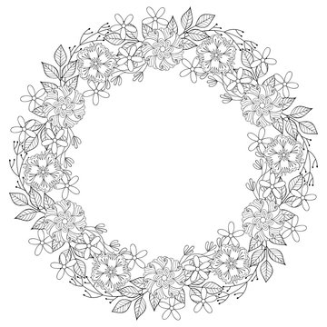 Floral zentangle doodles wreath in ornamental style. Vector circ