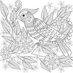 Hand drawn zentangle bird sitting on blooming tree branch for ad - 134238652