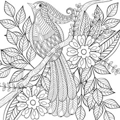 Hand drawn zentangle exotic tropical bird sitting on blooming tr