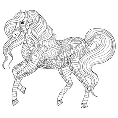 Hand drawn zentangle horse for adult coloring page, art therapy,