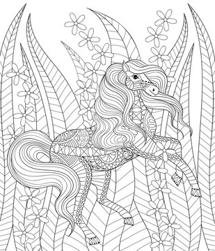 Hand drawn zentangle horse in grass and flowers for adult anti s