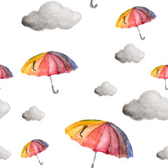 Hand painted watercolor umbrellas and clouds seamless pattern. 