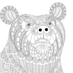 Vector zentangle bear head for adult anti stress coloring pages, - 134239053