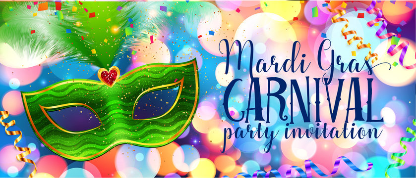 Green carnival mask on colorful bokeh background
