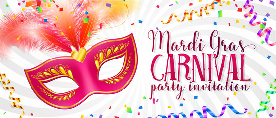 White Mardi Gras flyer template with pink carnival mask with feathers © art_of_sun