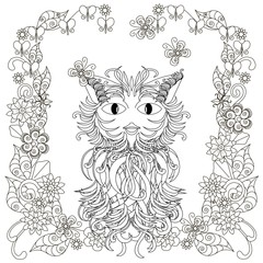 Anti stress stylized cat, flowering frame hand drawn stock vector illustration