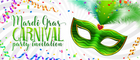 White Mardi Gras invitation card template with green carnival mask with feathers