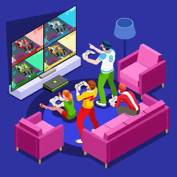 Multiplayer video game screen and gamer person gaming online with console controller android phone or computer. 3D Isometric People icon set. Creative design vector illustration collection