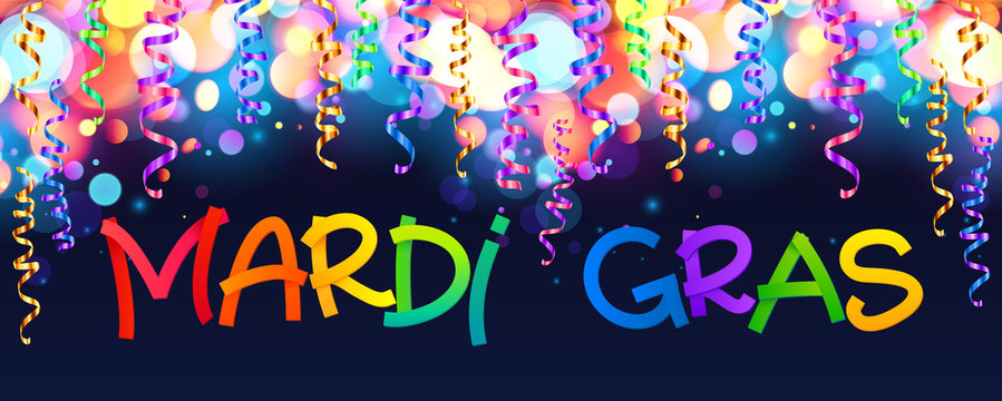 Colorful Mardi Gras sign on dark blue background with bokeh and confetti