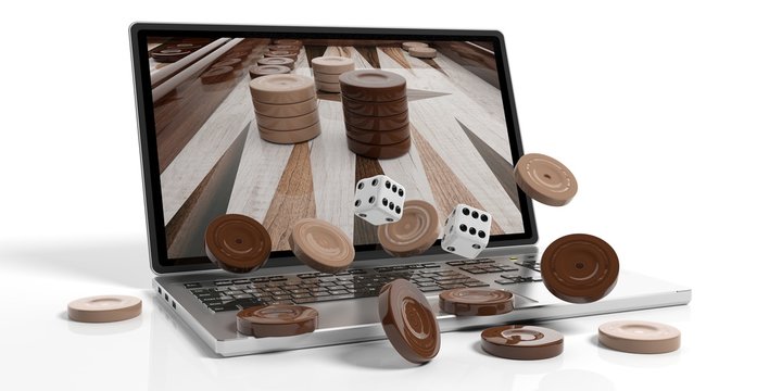 Wooden backgammon out of a laptop. 3d illustration