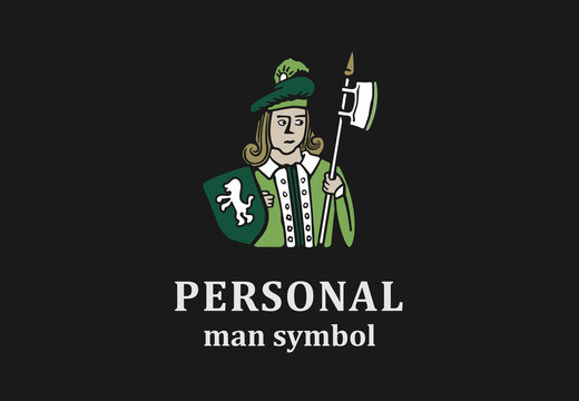 Caricature logo of man with halber on black background.