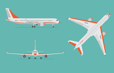 Airplane on blue background. Airliner in top, side, front view. Flat style. Vector illustration. © alazur