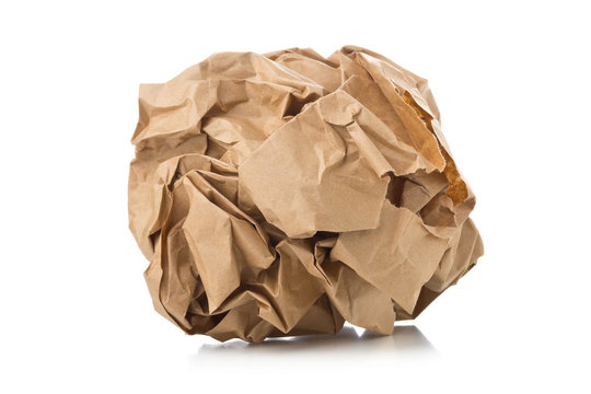 Crumbled Brown Recycled Paper Ball On White Background