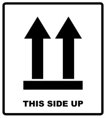Top side, This side up symbol. Icon of Side Up sign. Vector illustration. Black silhouettes of arrows, packaging banner isolated on white.