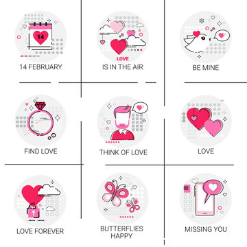 Valentine Day Gift Card Holiday Love Icon Stamp Set Vector Illustration