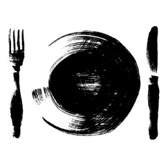 Sketch of plate, knife, fork isolated on white. 