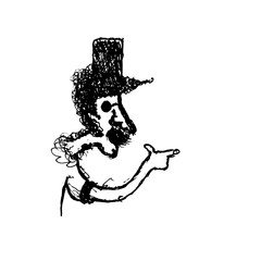 Vector doodle or sketch shaggy man with glasses and a cap, which shows