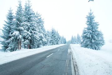 Fototapeta premium Empty road in winter landscape in Lika, Croatia