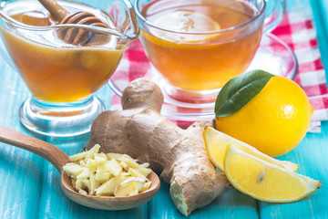 Ginger tea with lemon in a cup