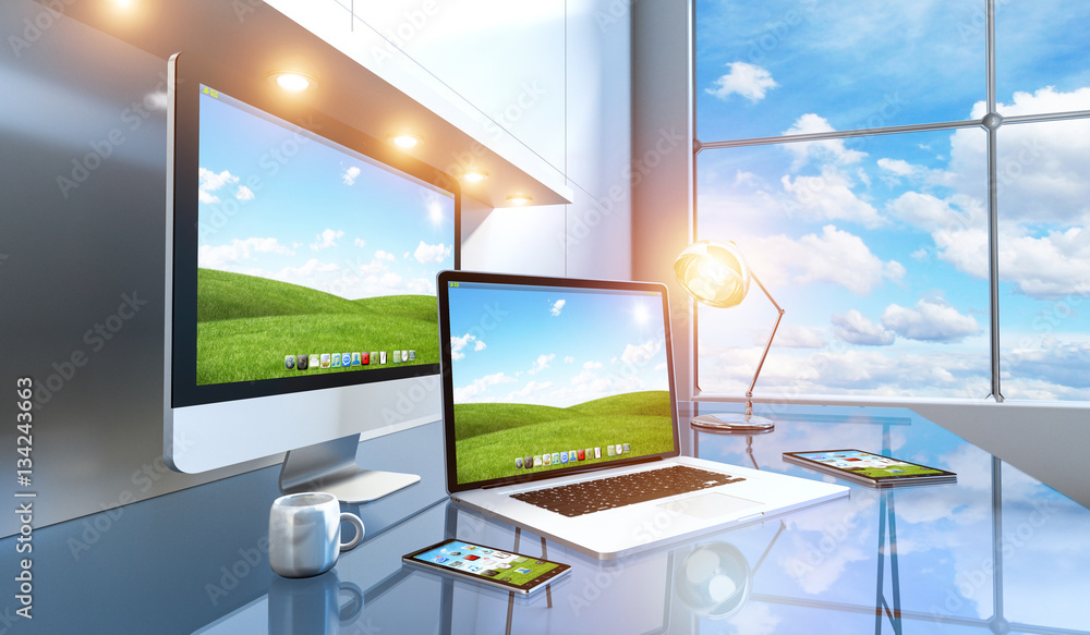 Poster modern glass desk interior with computer and devices 3d renderin