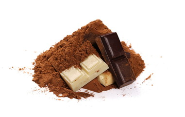 Black and white chocolate bars with pile cocoa powder isolated on white background