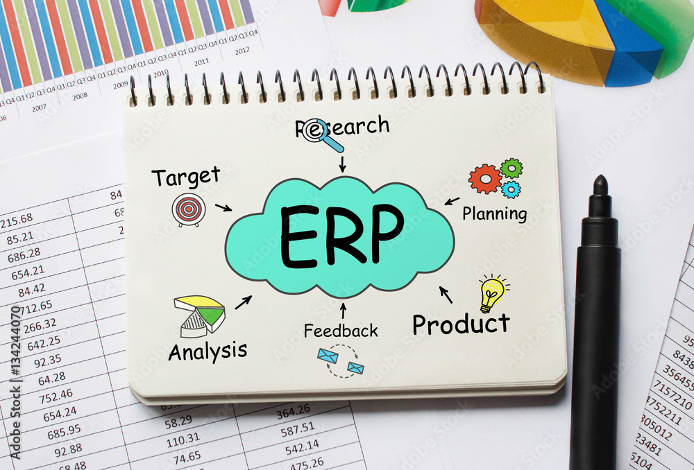 Poster notebook with toolls and notes about erp,concept
