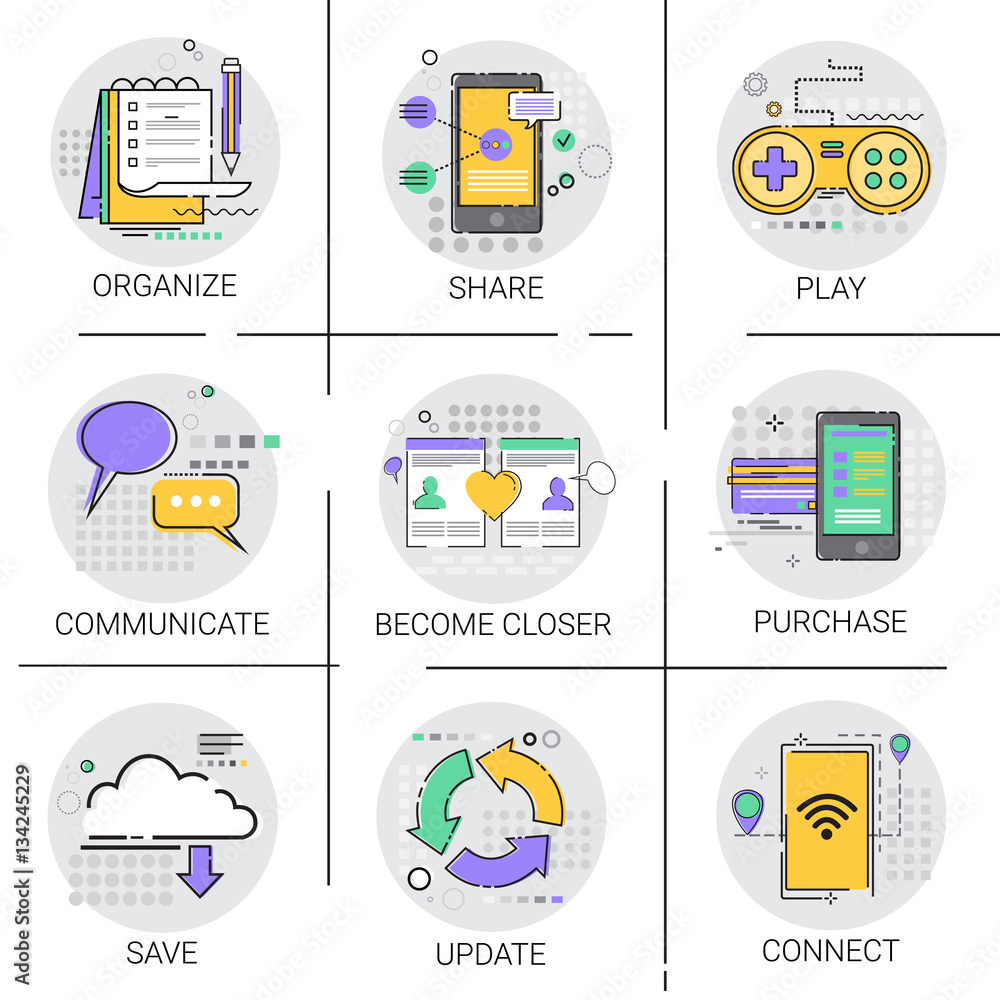 Poster communicate social network communication connection database online shopping applicatios icon set ve