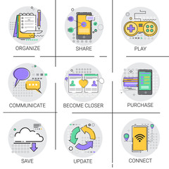 Communicate Social Network Communication Connection Database Online Shopping Applicatios Icon Set Vector Illustration
