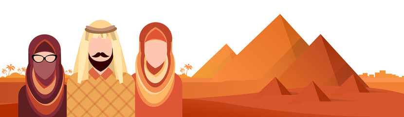 Arab People Group Muslim Arabic Man And Woman Pyramids Background Flat Vector Illustration