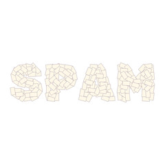 The word spam from a variety of envelopes on a white background