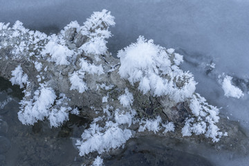 Treibgut on the Rocks im Fluss mit Eiskristallen