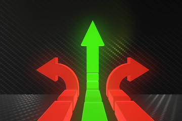 Road arrows at crossroads in difficult choice concept - 3d rende