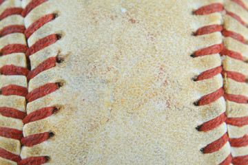 Fototapeta na wymiar Macro image of the laced seams of a weathered and beaten old baseball. Sports background. Copy space