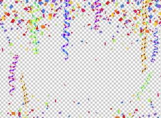 Colorful serpentine and confetti on transparent background, transparency grid imitation