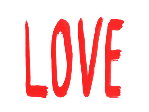 Hand drawn red word love. Lettering. Valentines day.Isolated on
