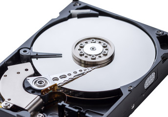 Detailed view of the inside of a hard disk drive