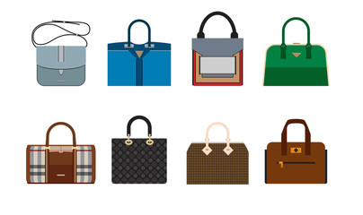 Woman luxury bag icons. Colorful vector set on white background