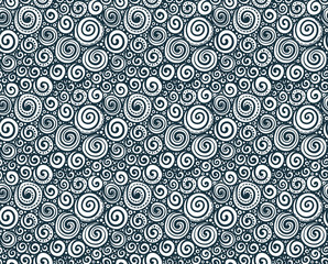 Blue doodle round curls vector seamless pattern