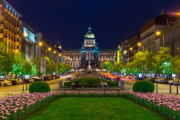Fototapeta premium Night view of Wenceslas square and National Museum in Prague, Czech Republic