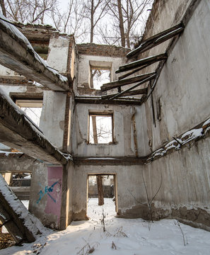 destroyed house after an earthquake, snow disaster, house fire