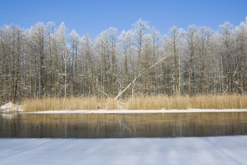 Snowbound Wegorapa river's bank in Wegorzewo, Mazury, Poland