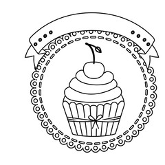 contour circular border with cupcake with cream and cherry vector illustration