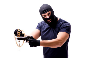 Robber wearing balaclava isolated on white