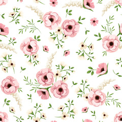 Vector seamless pattern with pink and white flowers on a white background.