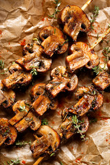  Mushroom skewers in herb marinade, top view