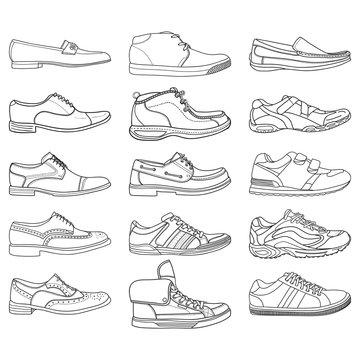 Set with different types of men's outline shoes in vector. Doodle collection. Including Brogues, boat shoes, loafers, sneakers and other.